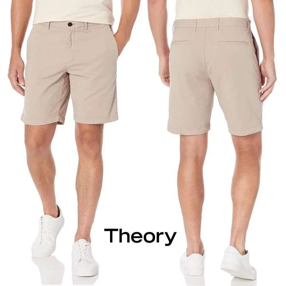 Theory Zaine Atlas Twill Shorts Men's 32 Light Beige Flat Front Performance